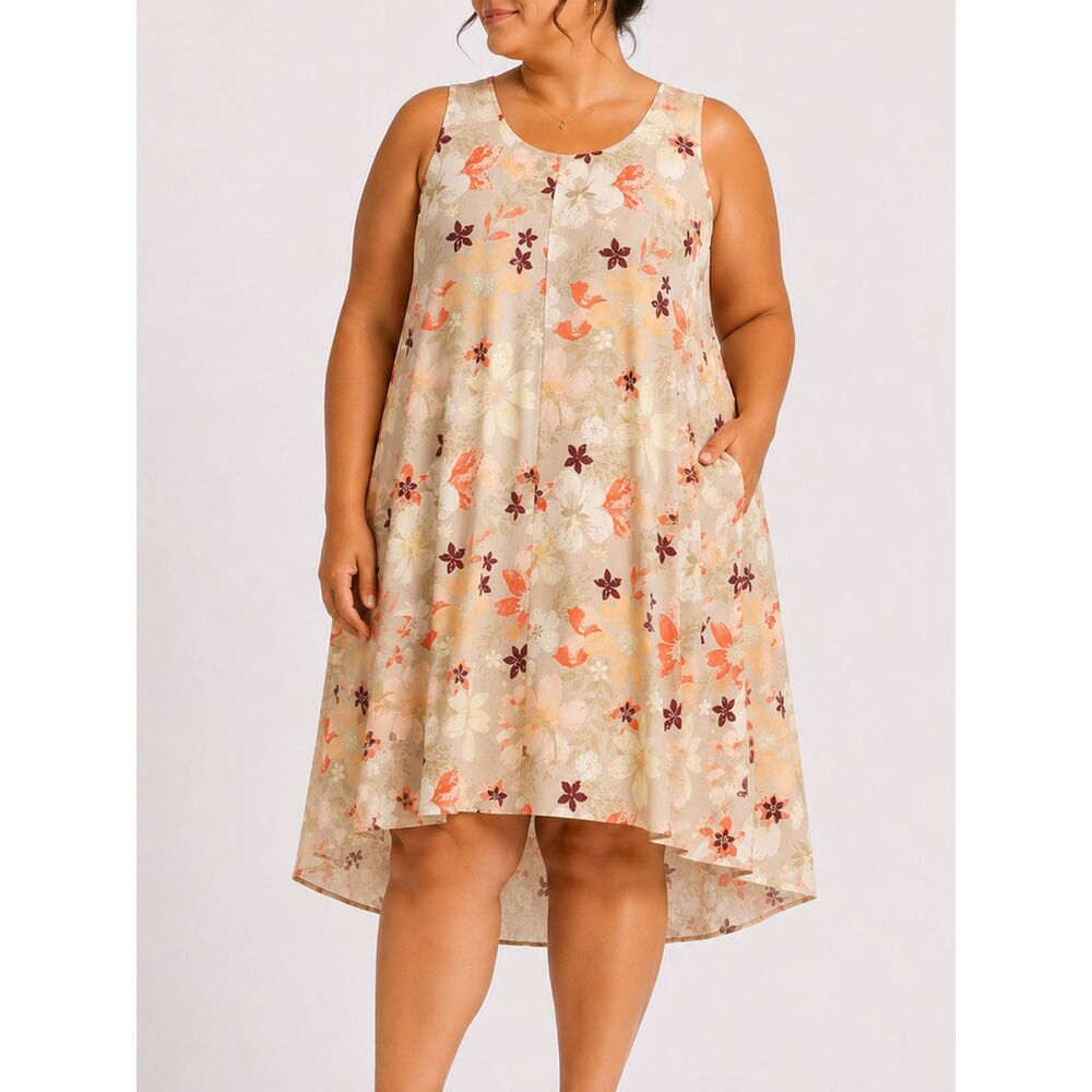 Woman Within Floral Hi Low Linen Blend Dress Plus Size 18W Boho Cottagecore
